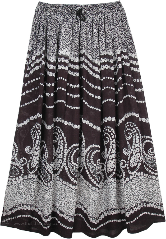 Long Rayon Skirt with Floral Designs in Black and White, Black and White Floral Rayon Street Summer Skirt