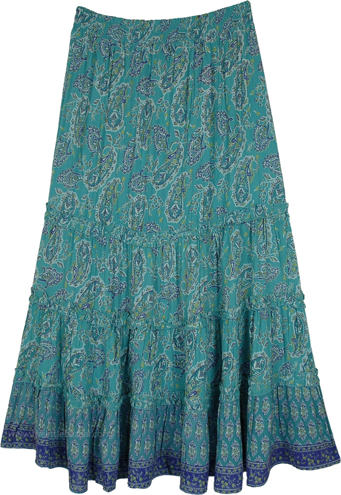 Teal Paisley Printed Tiered Rayon Long Skirt