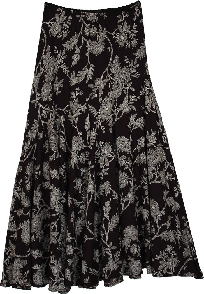 Vintage Chic Black Floral Draped Maxi Skirt