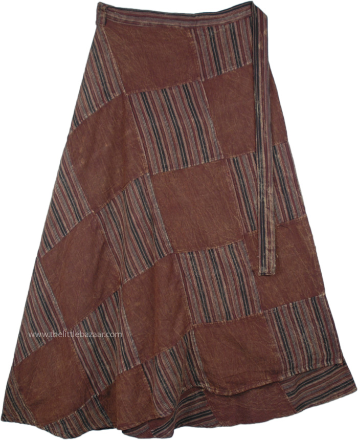 XXL Plus Size Patchwork Rust Brown Wrap Around Skirt, Plus Size Rusty Stonewash Patchwork Hippie Wrap Around Skirt