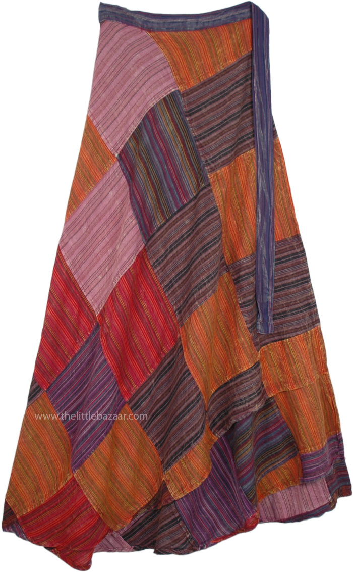 Harvest Colors Long Wrap Skirt in All Season Cotton Fabric, Fall Harvest Bohemian Gypsy Patchwork Wrap Around Long Skirt
