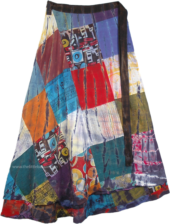 Plus Size Azure Patchwork Abstract Long Wrap Around Skirt, Plus Size Gypsy Moondust Patchwork Wrap Skirt in Cotton