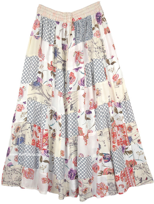 Ivory Mixed Print Boho Patchwork Rayon Long Skirt