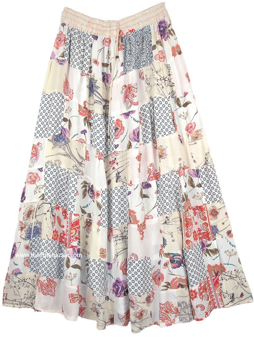 Ivory Mixed Print Boho Patchwork Rayon Long Skirt | Off-White ...