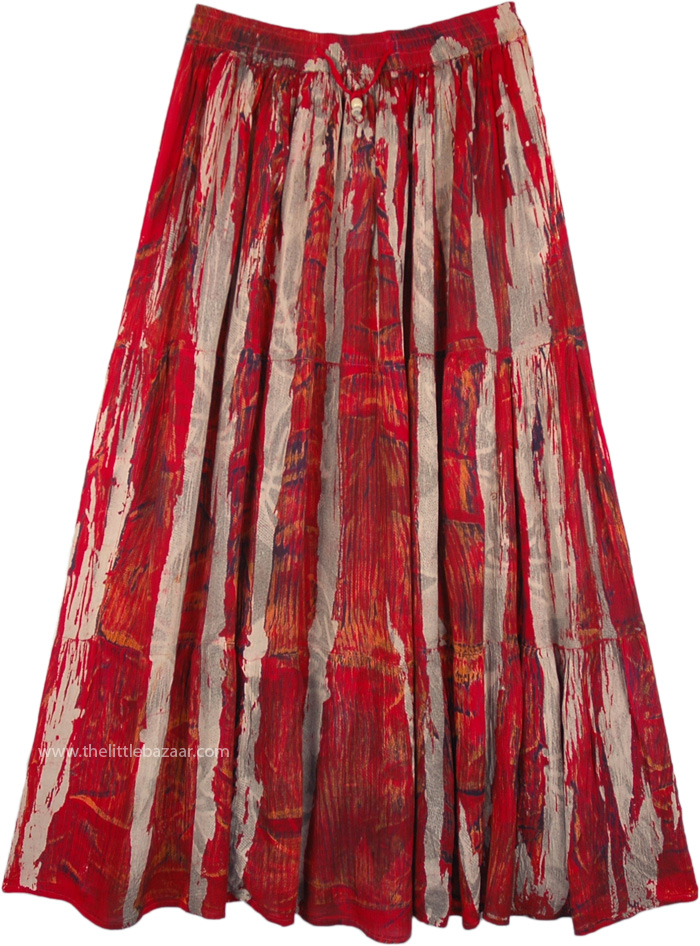 Vertical Print Gypsy Psychic Skirt, Red and Beige Boho Street Wear Rayon Long Skirt