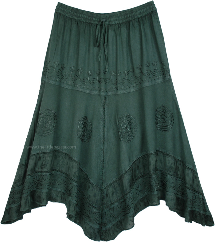 Handkerchief Hem Embroidered Green Western Skirt