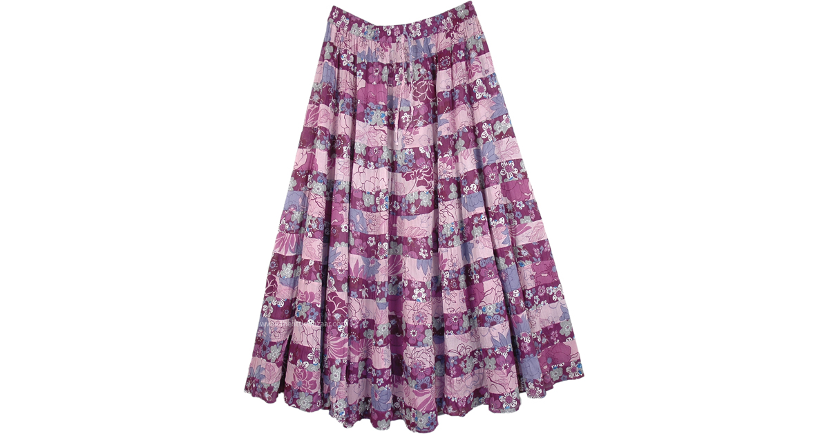 Lilac Floral Cotton Summer Full Maxi Skirt | Purple | Patchwork, Misses ...