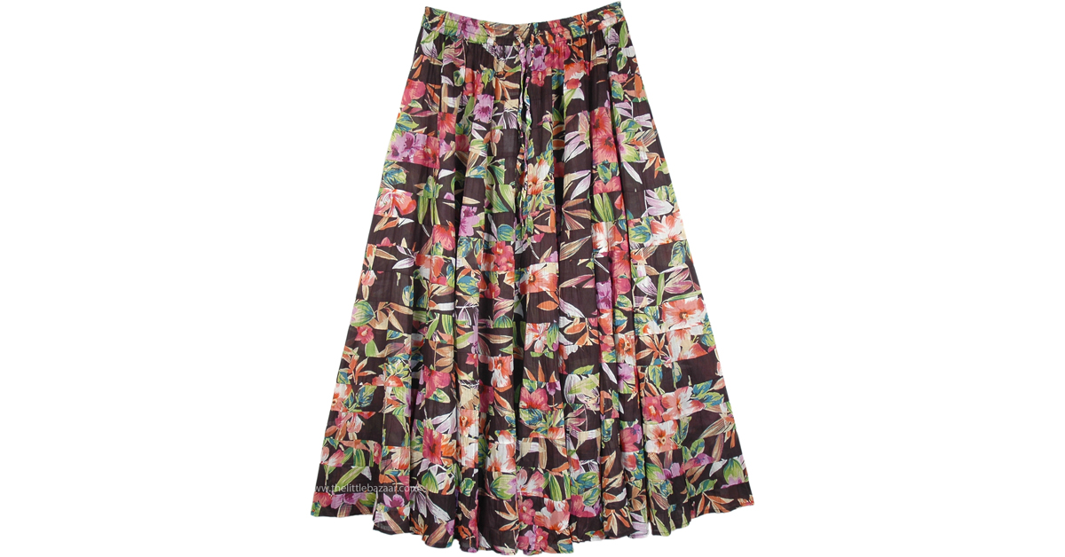 Tiered Skirt Flower Print Hawaiian Casual Long Cotton Skirt | Black ...