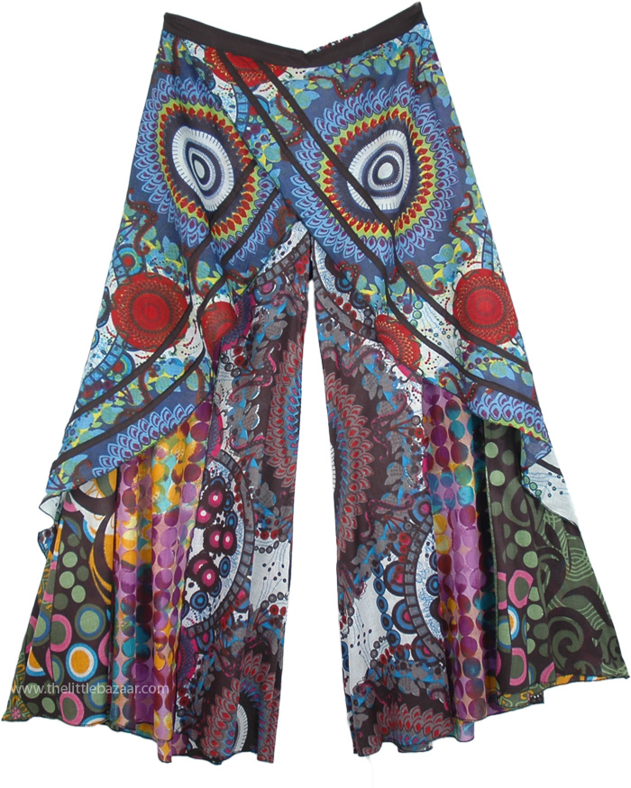 Cotton Gypsy Festival Mandala Wide Leg Mandala Pants, Boho Gaucho Layered Patchwork Pants Mandala Print