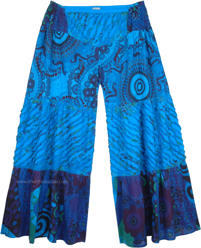 Lochmara Patchwork Flared Wide Legs Pants in Blue Florals | Blue ...