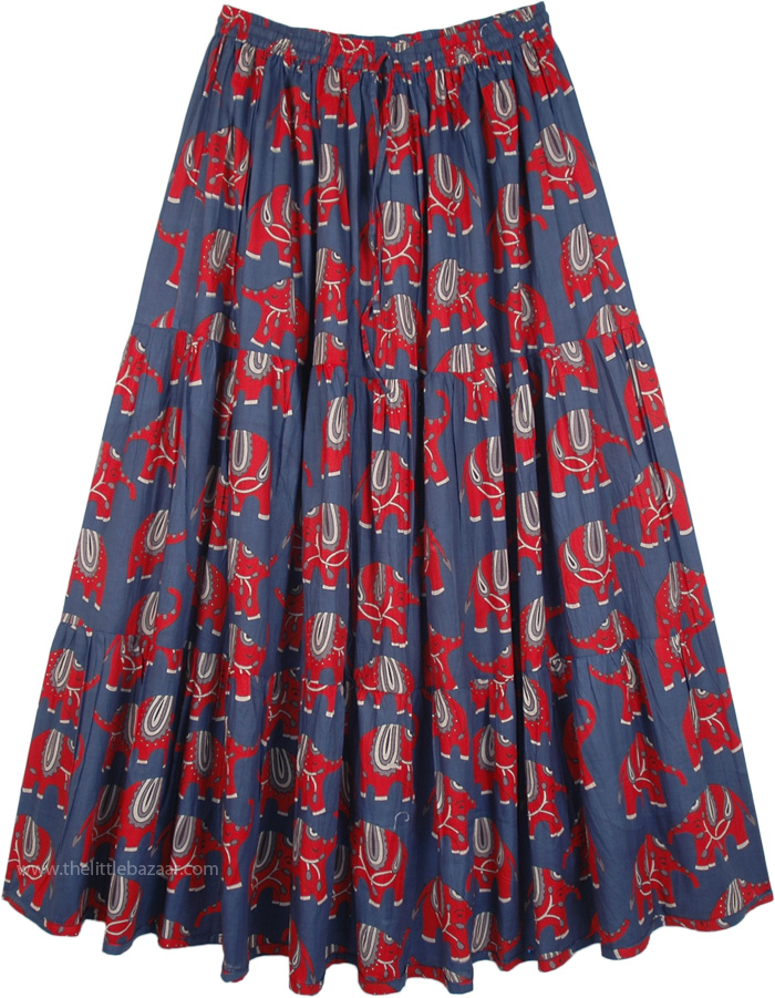 Elephant Print Navy Blue Cotton Long Elastic Waist Skirt | Blue ...