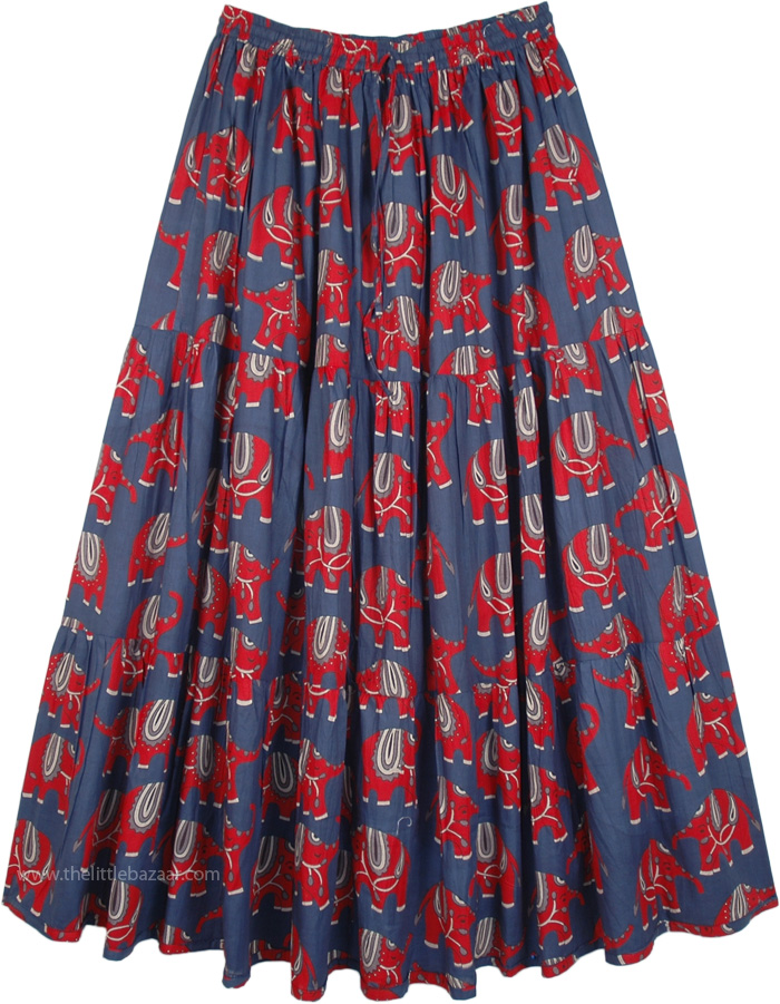 Elephant Print Navy Blue Cotton Long Elastic Waist Skirt