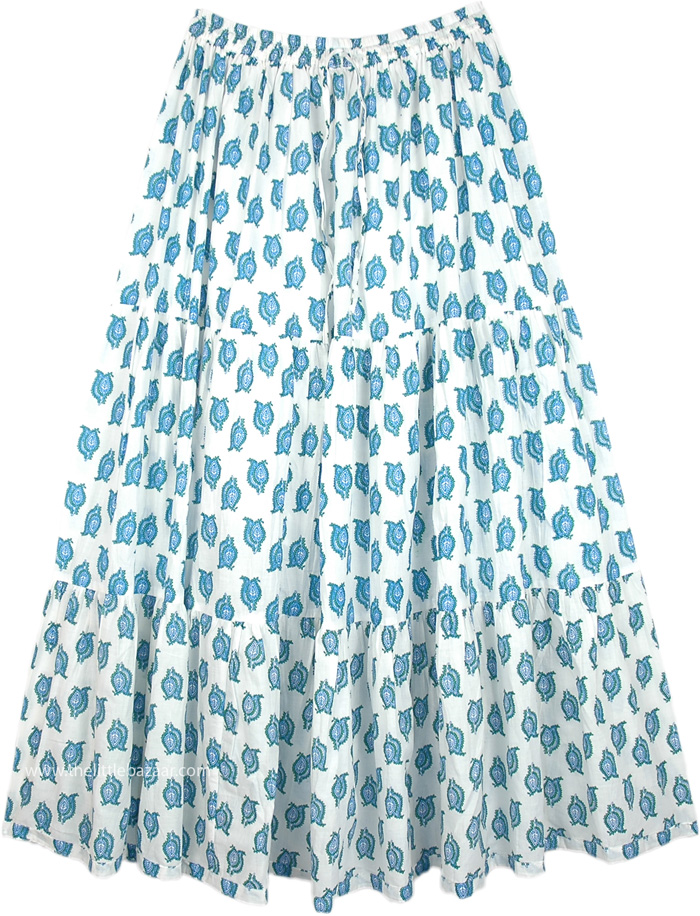 Summer Cotton Maxi Full Long Skirt in White with Blue Print