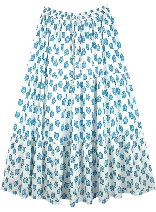 Medium to XL Cotton Summer Lined Long Skirt, Summer Cotton Maxi Full Long Skirt in White with Leafy Print
