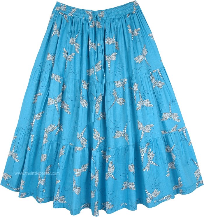 Blue Dragonfly Cotton Printed Mid Length Skirt, Psychic Dragonfly Cotton Summer Mid Length Skirt