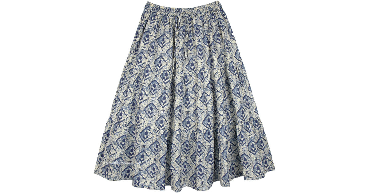 Cotton Boho Mid Length Skirt in an Artistic Print | Short-Skirts | Blue ...