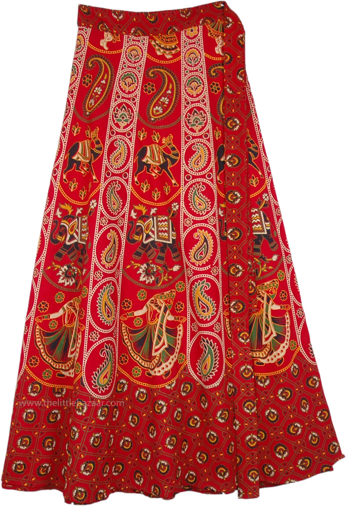 Red Indian Cotton Wrap Skirt with Traditional Indian Patterns, A Majestic Indian Elephant Print Skirt in Cotton