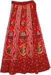 Red Indian Cotton Wrap Skirt with Traditional Indian Patterns [6255]
