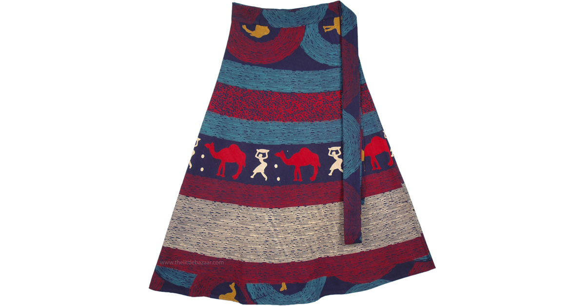 Petite Long Desert Boho Summer Cotton Wrap Skirt Blue WrapAround