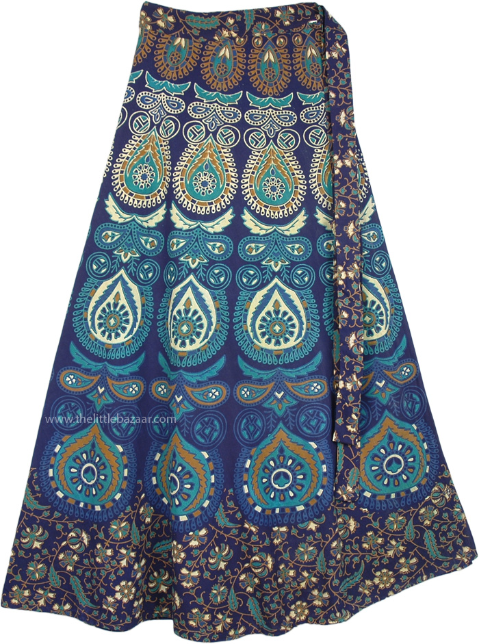 Hippie Hues Maxi Mandala Cotton Wrap Skirt | Blue | Wrap-Around-Skirt ...