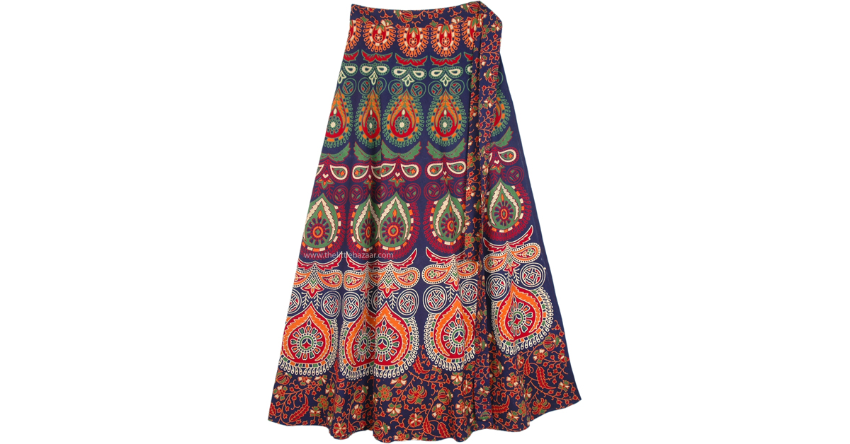 Indian Peacock Maxi Bohemian Cotton Wrap Skirt | Blue | Wrap-Around ...