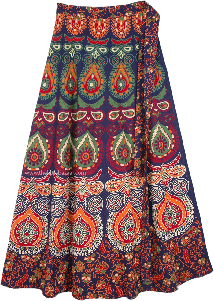 Indian Peacock Maxi Bohemian Cotton Wrap Skirt | Blue | Wrap-Around ...