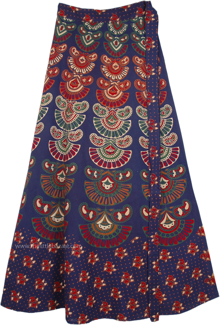 Fiji Blue Ethnic Block Print Wrap Skirt in Cotton