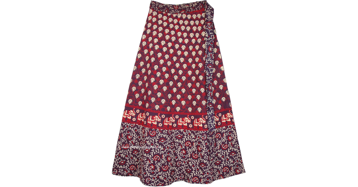 Wrap Style Indian Cotton Long Skirt with Elephant Print Brown Wrap