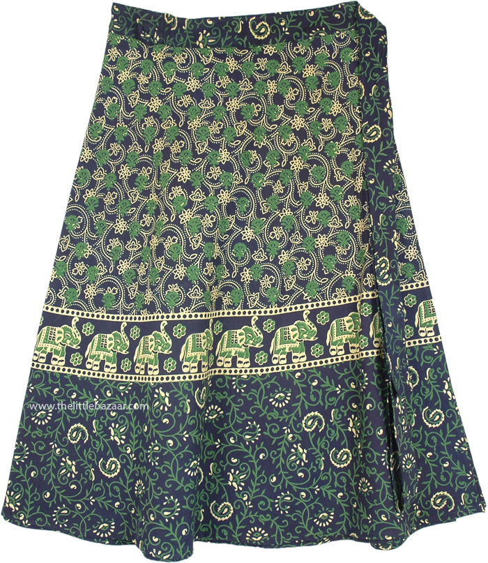 Plus Size Elephant Print Green Cotton Wrap Around Skirt