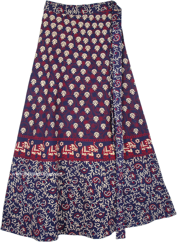Indian Cotton Wrap Skirt with Elephants in Navy Blue, Navy Blue Cotton Wrap Elephant Print Skirt