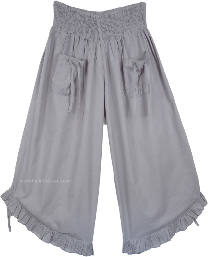 Steel Gray Flared Calf Length Culotte Pants, Steel Gray Cotton Crop Pants with Tie Up Front Pockets