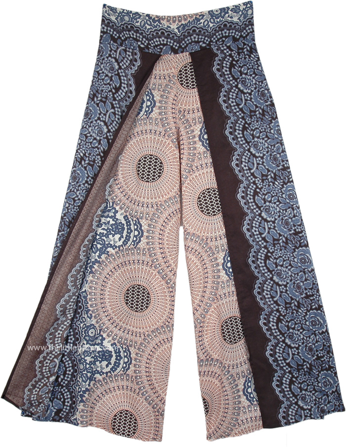 Boho Free Spirit Open Leg Thai Yoga Festival Pants in Mandala Print Brown Split Skirts Pants Misses Yoga Vacation Beach Printed