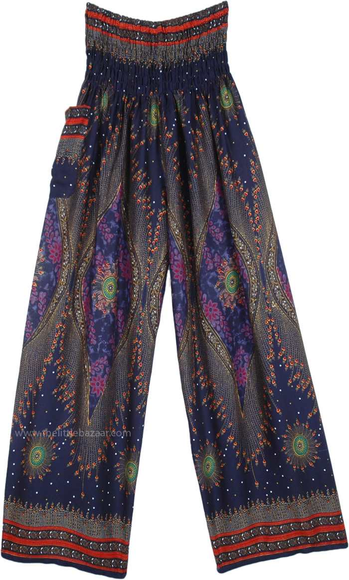 Stellar Navy Blue Palazzo Pants in Rayon Fabric, Navy Beach Pants Cosmic Print Palazzo with Smocked Waist