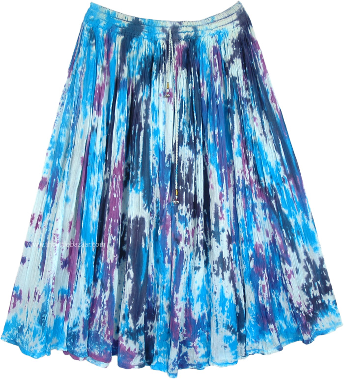 Abstract Artist Cotton Fabric Long Skirt With Blue Splashes, Aqua Splash Mid Length Summer Cotton Crinkle Skirt