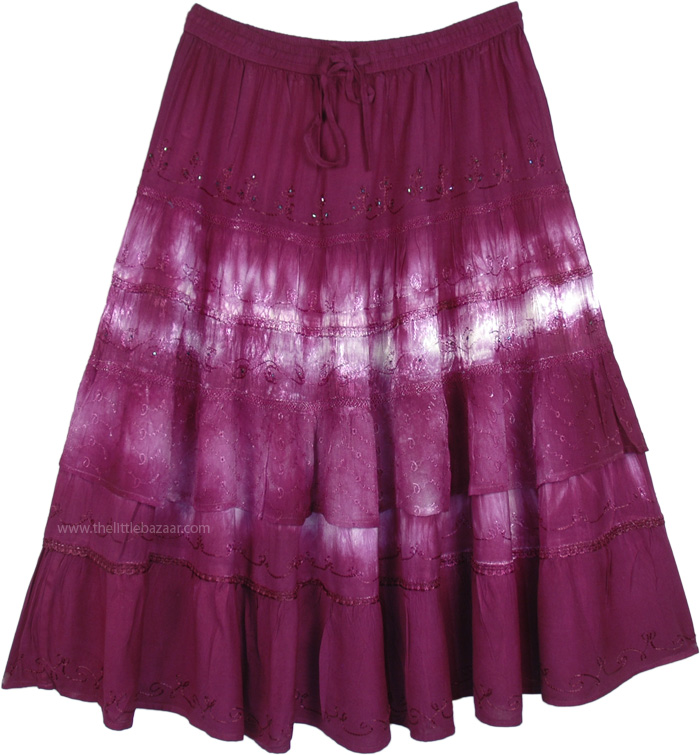 Mid Length Deep Purple Gypsy Skirt with Eyelet Fabric