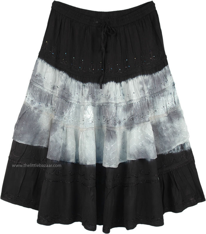 Black White Tie Dye Western Rayon Mid Length Skirt