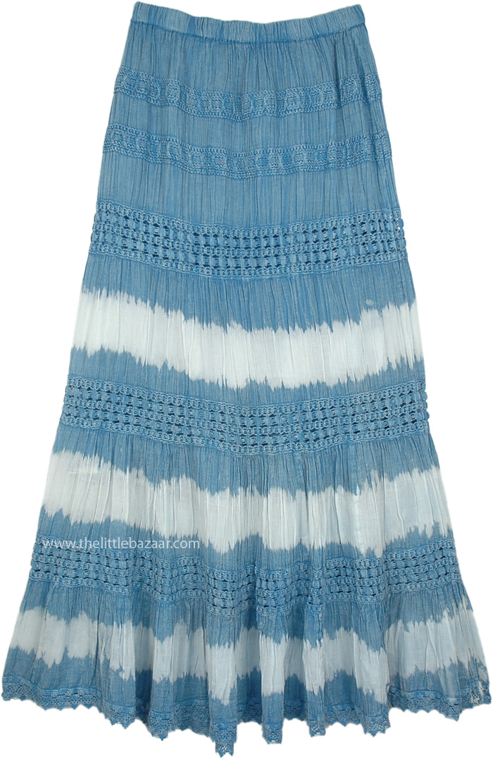 Blue and White Tiered Long Skirt with Crochet Lace