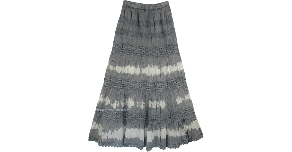 Malta Tiered Long Grey Cotton Skirt with Crochet Lace | Grey ...