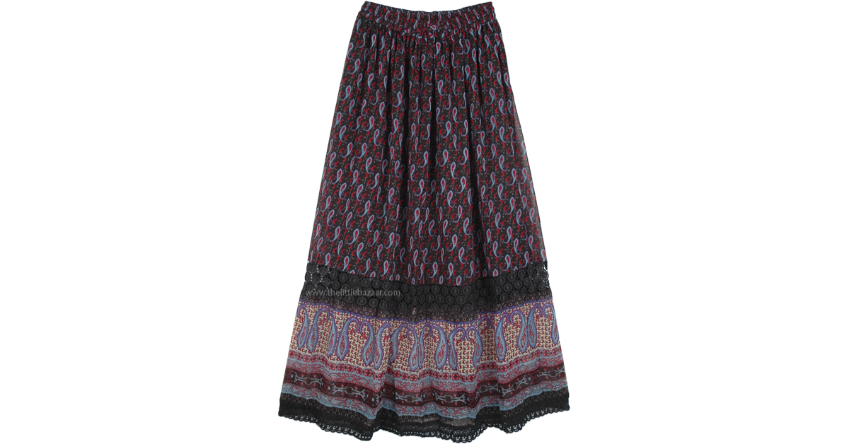 Sale:$19.99 Midnight Paisley Lace Accented Boho Skirt | Clearance ...