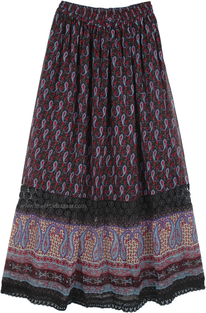 Paisley Printed Georgette Long Ankle Length Skirt with Lace | Black ...
