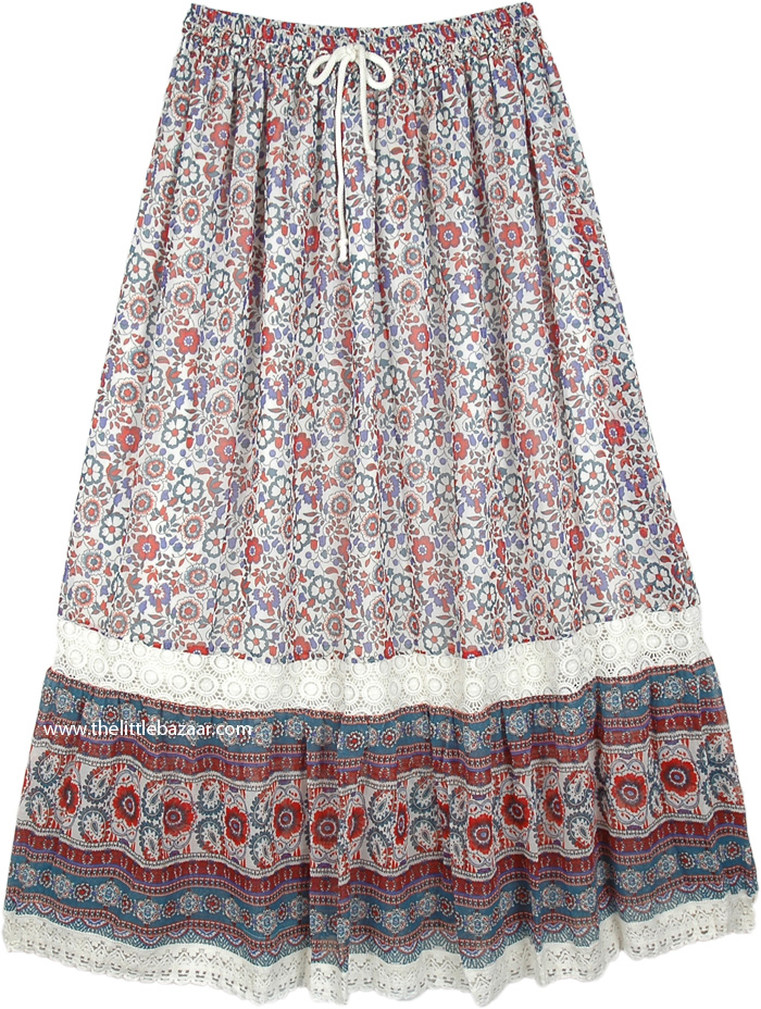 Full Flowing Georgette Skirt in White with Floral Print, Floral Printed Long Skirt with Lace in Georgette