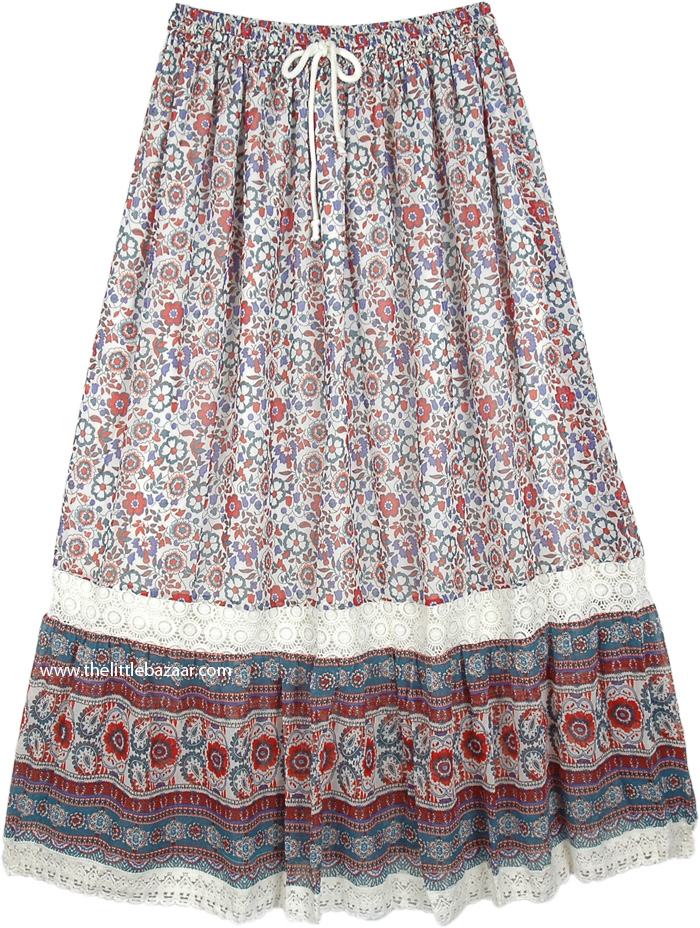 Floral Printed Long Skirt with Lace in Georgette