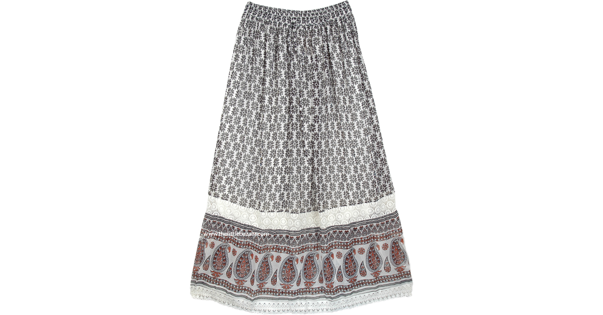 Indo Bohemian Long Skirt in with Lace White Lace, XLPlus