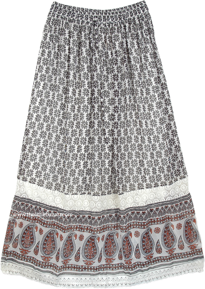 Indo Bohemian Lace Skirt with Crochet Work Details and Tiers, Indo Bohemian Long Skirt in Georgette with Lace