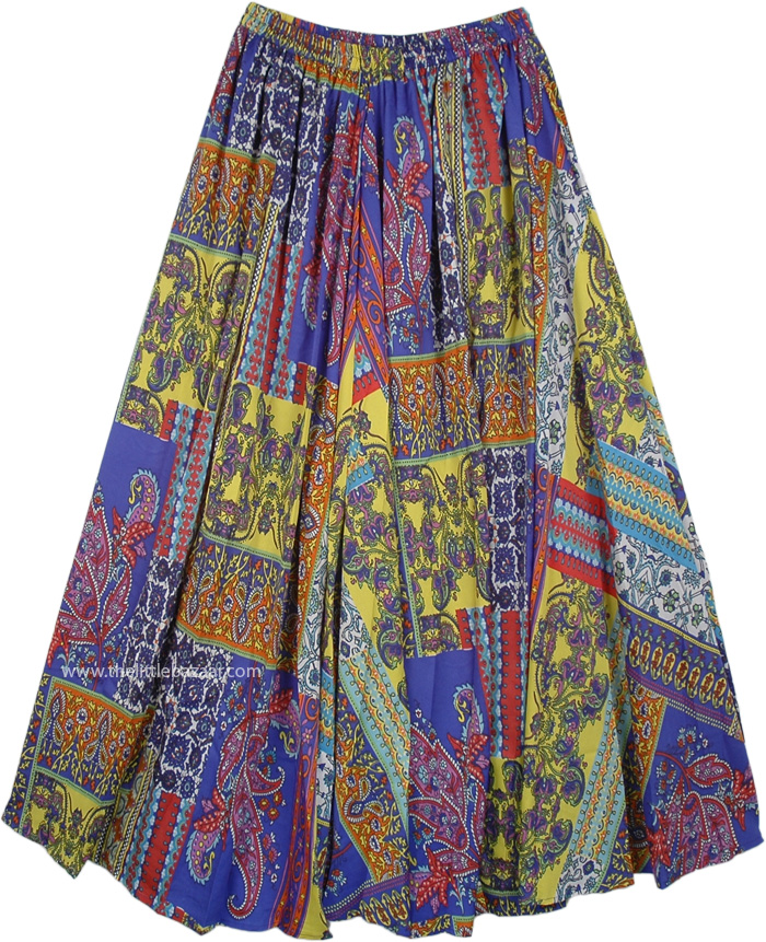 Elastic Waist Long Ankle Length Ethnic Full Skirt, Gypsy Boho Party Vibes Big Sweep Printed Summer Skirt