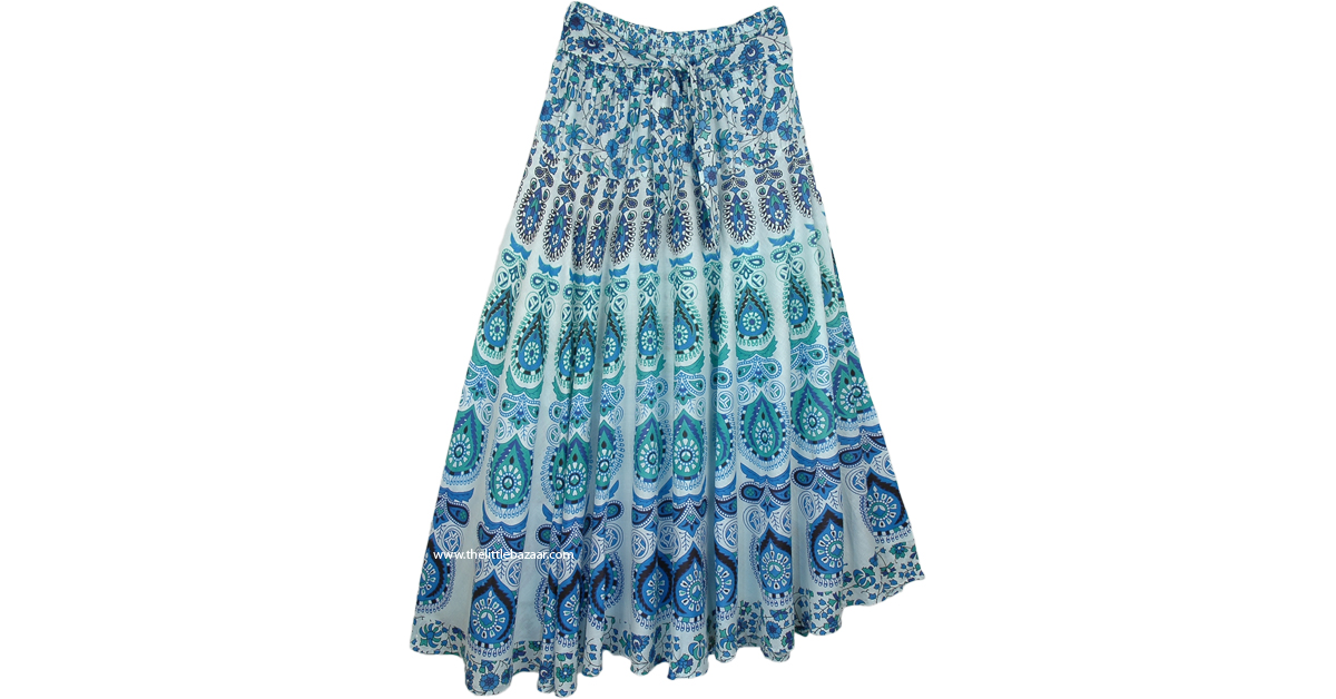 Aqua Peacock Hippie Cotton Long Skirt Smocked Waist | Blue | Misses ...