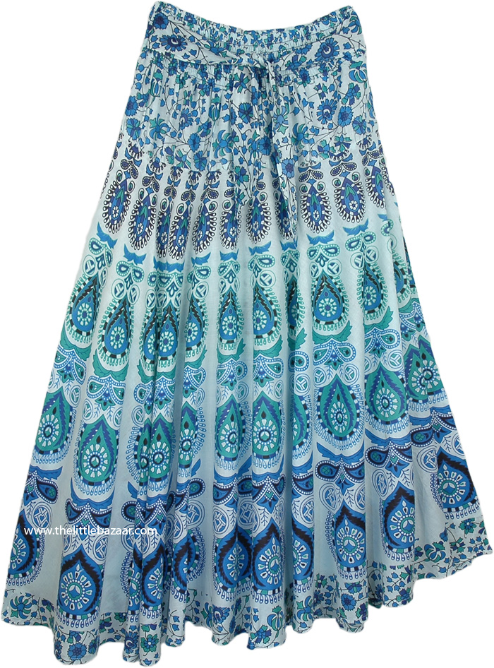 Aqua Peacock Hippie Cotton Long Skirt Smocked Waist