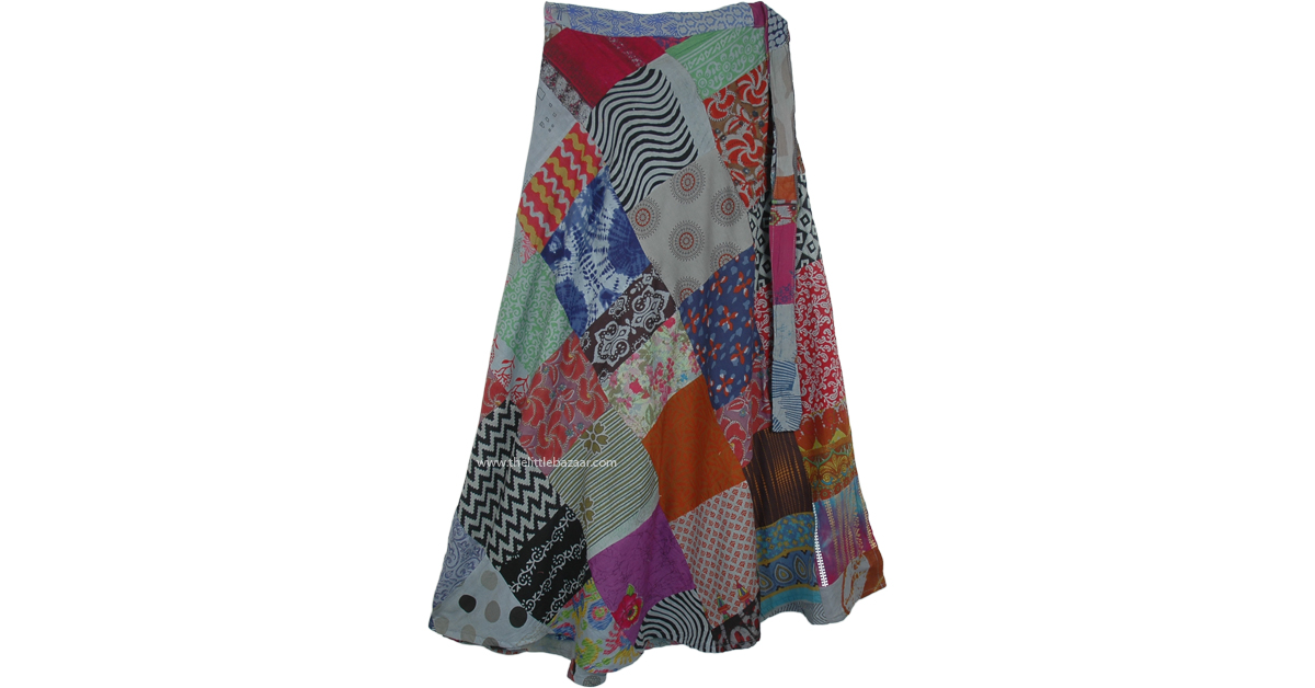 Abstract Sage Hippie Patchwork Wrap Around Skirt in Mixed Tones | Grey ...