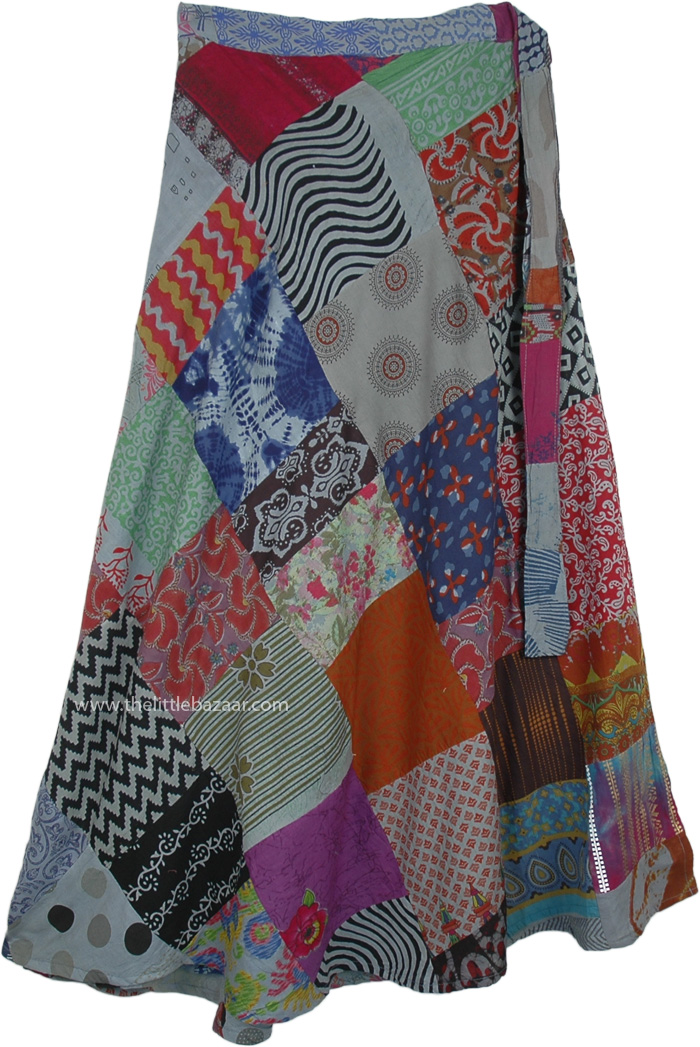 Grey Patchwork Abstract Long Wrap Around Skirt, Abstract Sage Hippie Patchwork Wrap Around Skirt in Mixed Tones