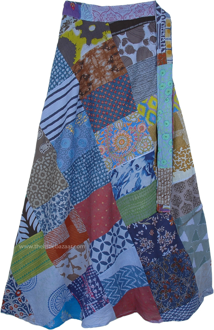 Printed Patchwork Wrap Around Skirt in Cool Blue Vibes